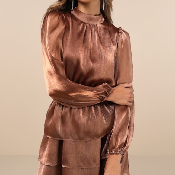 Lulus Ideal Behavior Bronze Metallic Backless Tiered Mini Dress Brown - Size S - Picture 1 of 1